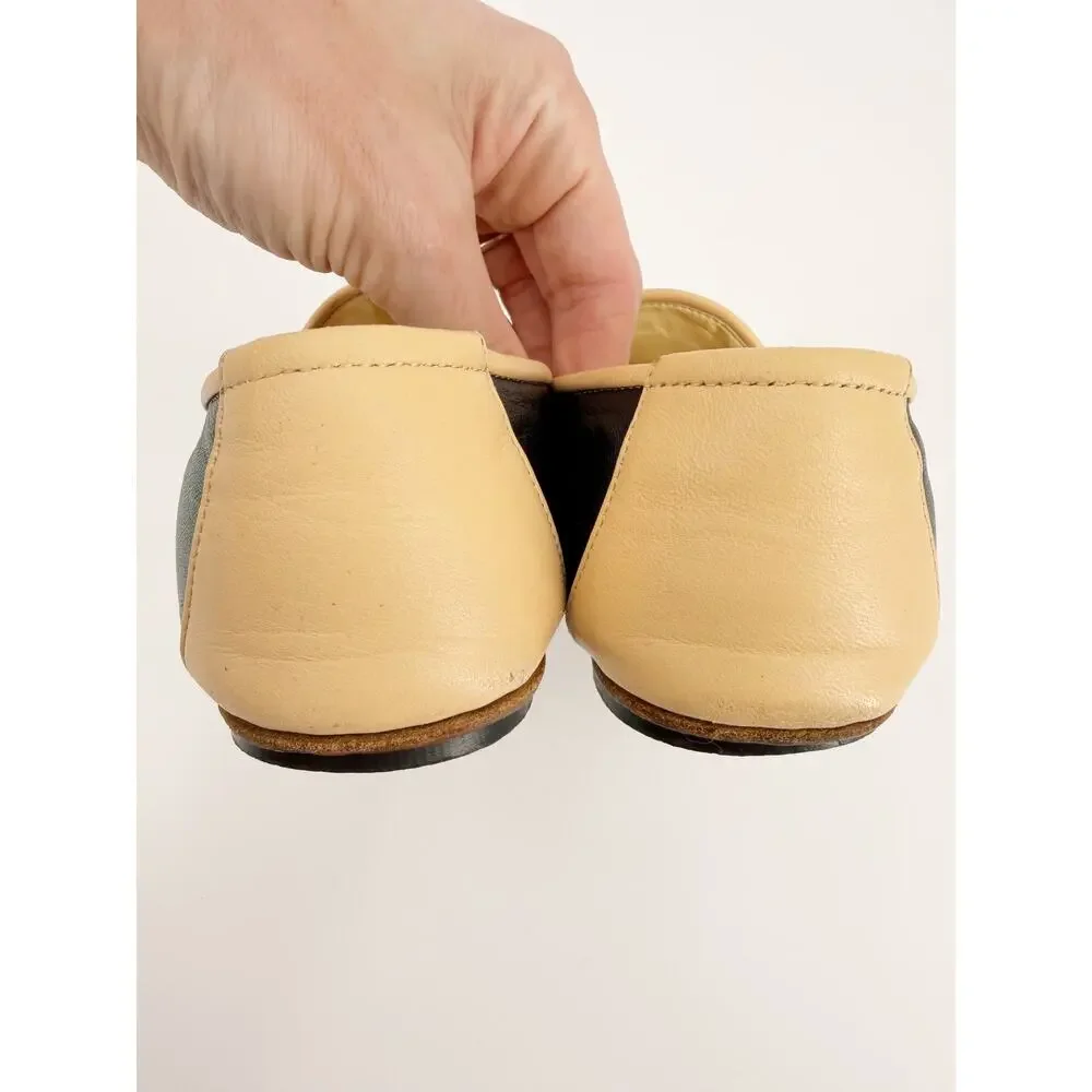Chanel Black CC Logo Slipper Loafers Lambskin Beige Trim Flats Size 36.5 EU 6.5